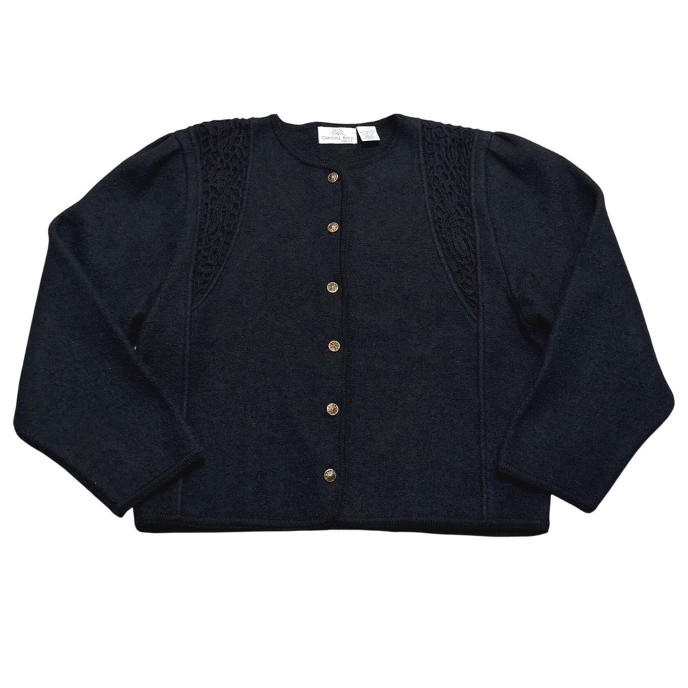 Carroll‎ Reed Vintage 100% Wool Black Cardigan Crochet Detail Gold Button XL